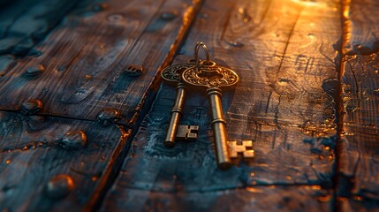 Antique Golden Keys Unlocking the Secrets of a Mysterious Wooden Realm
