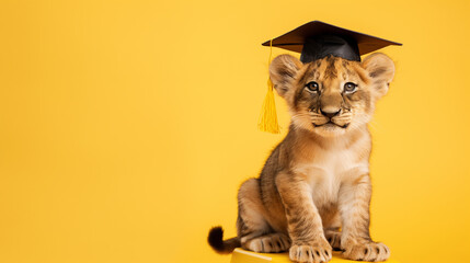 Filhote de leão fofo vestindo beca de formatura e chapéu isolado no fundo amarelo - obrazy, fototapety, plakaty