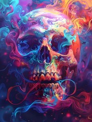 Captivating Skull in Psychedelic Swirls of Vibrant Neon Colors and Dreamlike Festival Vibe
