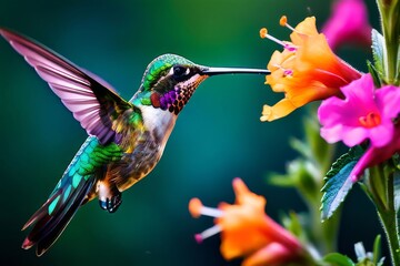 the AI generated illustration of a hummingbird perched on a vibrant flower