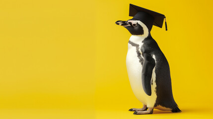 Pinguim vestindo beca de formatura e chapéu isolado no fundo amarelo