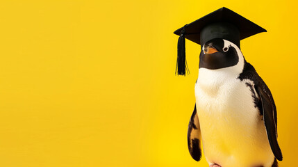 Pinguim vestindo beca de formatura e chapéu isolado no fundo amarelo - obrazy, fototapety, plakaty
