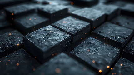 A close-up 3D render of uniformly shaped black cubes with subtle glowing accents conveying depth and detail