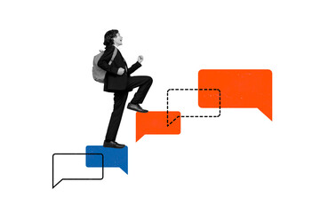 Creative photo collage young boy student pupil academic year climb upstairs communication boxes phrases white background