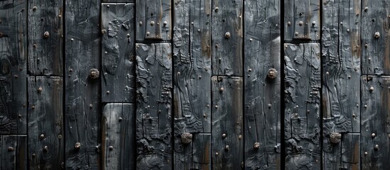 Fototapeta premium A monochrome photograph capturing the intricate pattern of a black wooden fence with nails, set against a backdrop of lush green grass