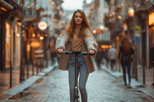young girl riding on an electric scooter in the street