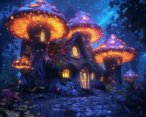 Fantasy mushroom village house vivid colors enchanting detail dreamlike glow