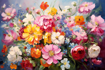 Many beautiful different spring flowers. Oil painting in impressionism style.