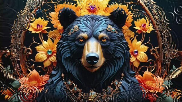 Enchanting Ornate Bear with Floral and Gemstone Details Artistic Video Mockup. Ornate Totemic Animal with Rippling Water Effect Video Intro Mockup for Spiritual and Nature-Themed Content.  