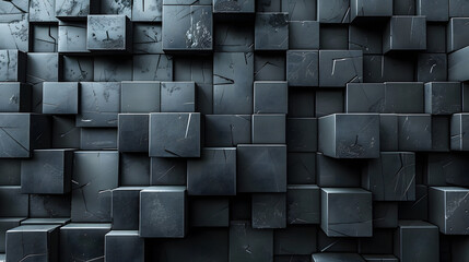A mesmerizing arrangement of black cubes with cracks and an open segment showing a hint of sky
