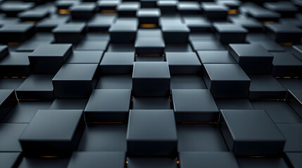Intricate 3D rendered image featuring an array of black cubes with strategically placed glowing edges for a futuristic look