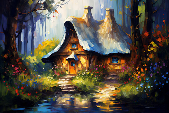 Fairytale forest gnome's house. Oil painting in impressionism style.