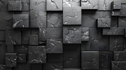 A monochrome image showcasing a plethora of black tiles with various degrees of cracks, representing decay and resilience - obrazy, fototapety, plakaty