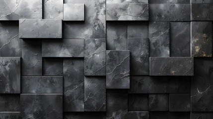 High-resolution image of a wall composed of black marble cubes with natural crack patterns