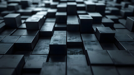 Abstract 3D illustration of geometric cubes with varying heights creating a pattern in shades of black and grey