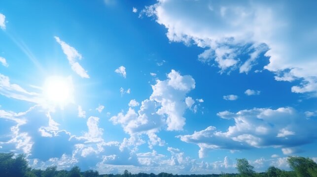 Blue sky with clouds and sun.