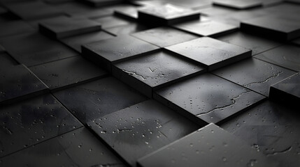 An elevated angle highlighting the shadows and water droplets on textured black tiles
