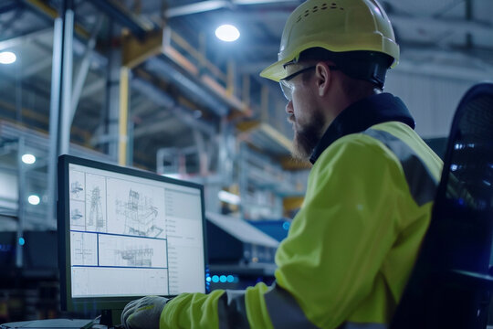 Engineer reviewing blueprints on a computer in an industrial setting.