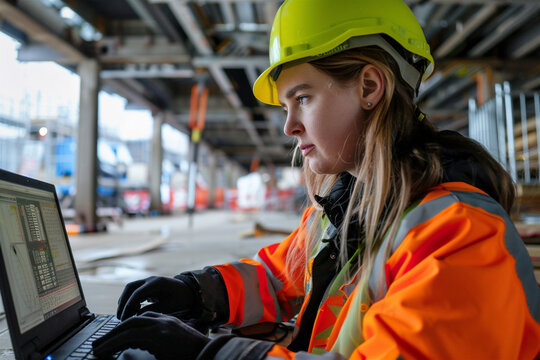 Engineer with laptop at construction site