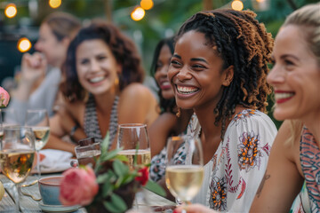 Friends laughing together at an outdoor dinner party - obrazy, fototapety, plakaty