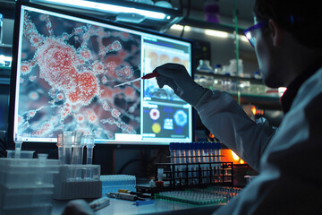 Scientist analyzing samples with a virus illustration on the monitor