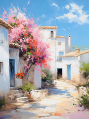 Fototapeta na wymiar Old Spanish small town in spring. Oil painting in impressionism style.