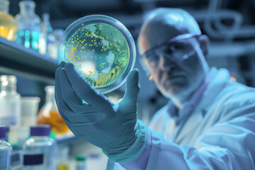 Scientist examining a petri dish in a lab