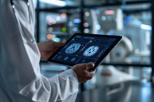 Doctor reviewing brain scans on a tablet