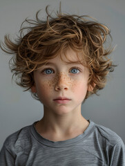 A boy with curly blond hair looking puzzled with a questioning glance set against a subdued background - obrazy, fototapety, plakaty