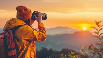 Fototapeta premium Middle aged man hiking in mountain landscape, outdoor adventure exploration with copy space