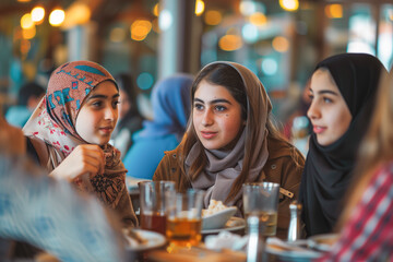 Three women engaging in conversation at a cafe - obrazy, fototapety, plakaty