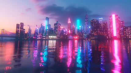 Twilight Vista over Dazzling Neon Cityscape: Urban Beauty meets Natural Splendor