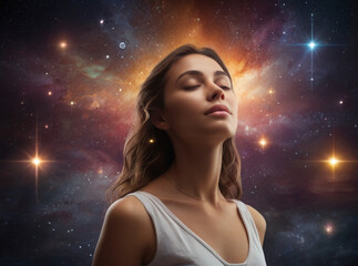 Portrait of young beautiful woman meditates against a backdrop of starry space, concept of spirituality, meditation and cosmic unity.