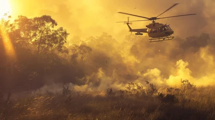Zelfklevend Fotobehang Helicopter Flying Over Smoke-Filled Forest © Prostock-studio