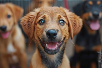 An ecstatic golden retriever, tongue lolling, plays cheerfully, with soft focus on playful companions and a fence in the background - obrazy, fototapety, plakaty