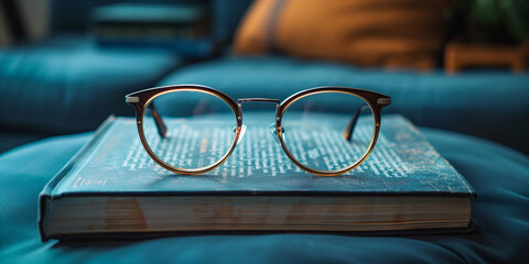 Glasses resting on an open book with a cozy home background. Love for  literature and reading concept. Banner for World Book Day event with copy space.  