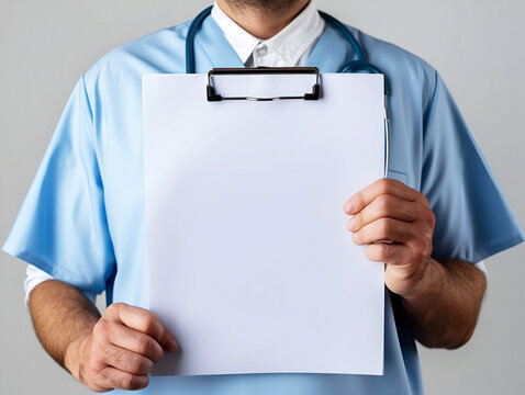  A white male nurse holding an empty white clipboard