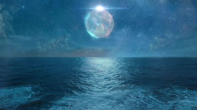 beautiful full moon night in the middle of the sea. seamless looping time-lapse virtual 4k video Animation Background.