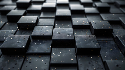 Close-up image of minimalist black 3D cubes with glistening raindrops on them, highlighting sleek modern design elements - obrazy, fototapety, plakaty