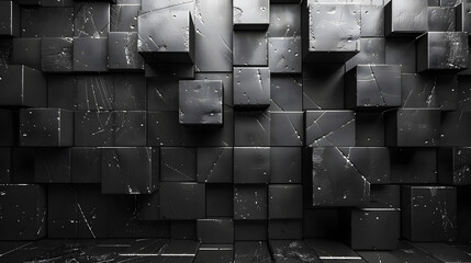 A monochromatic image of an abstract assembly of cubes with various scratches and damage, evoking a sense of chaos and wear - obrazy, fototapety, plakaty