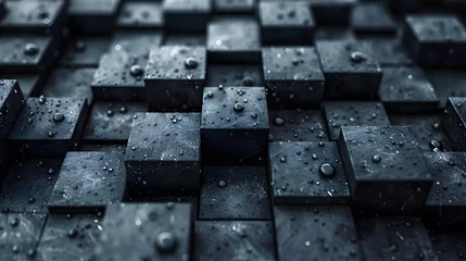 Poster Close-up shot of a 3D generated pattern of dark textured cubes adorned with water droplets, depicting tranquility © Reisekuchen