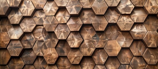 A detailed shot of a brown wooden wall featuring a honeycomb pattern, showcasing the natural material and symmetry of the composite building material - obrazy, fototapety, plakaty