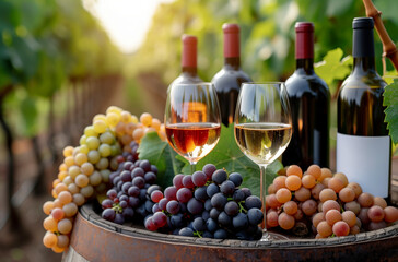 Fototapeta premium Romantic sunset with wine and grapes, with gardens and vineyards on the background