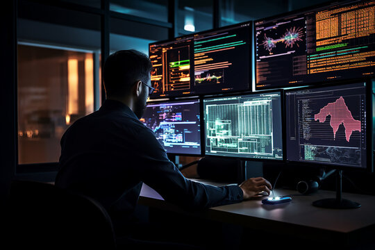 Hard working person in modern interior office programming writing web java script code AI technology generation