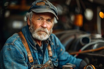Fototapeta premium Close-up portrait of an aged male mechanic with a wealth of experience and wisdom evident in his face