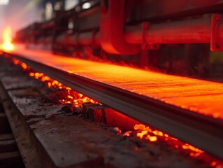 Hot molten steel flowing in a steel mill, showcasing industrial heavy machinery at work. - obrazy, fototapety, plakaty