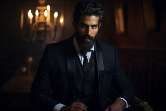 AI generated portrait of handsome gentleman hollywood celebrity dressed black tuxedo