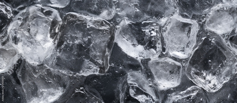Poster a stack of ice cubes, resembling a monochrome pattern, sits on a table made of bedrock. the natural 