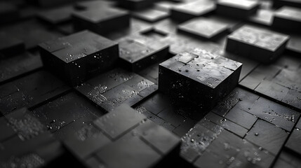 A close-up of glistening 3D cubes with reflective surfaces and water droplets enhancing the depth and texture
