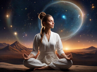 Portrait of young beautiful woman meditates against a backdrop of starry space, concept of chakra healing, spirituality, meditation and cosmic unity.	